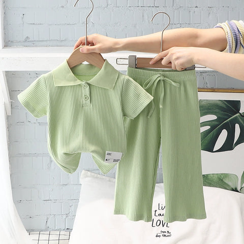 Internet Celebrity Fashionable Summer Baby Girl Sunken Stripe Pants Short Sleeve