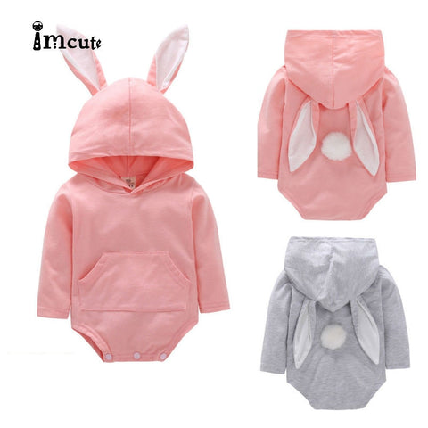 Brand New 0-24M Newborn Infant Baby Boy Girl Easter Bodysuit Longsleeve Solid Color Bunny Ear Hooded Tail Jumpsuit Playsuit